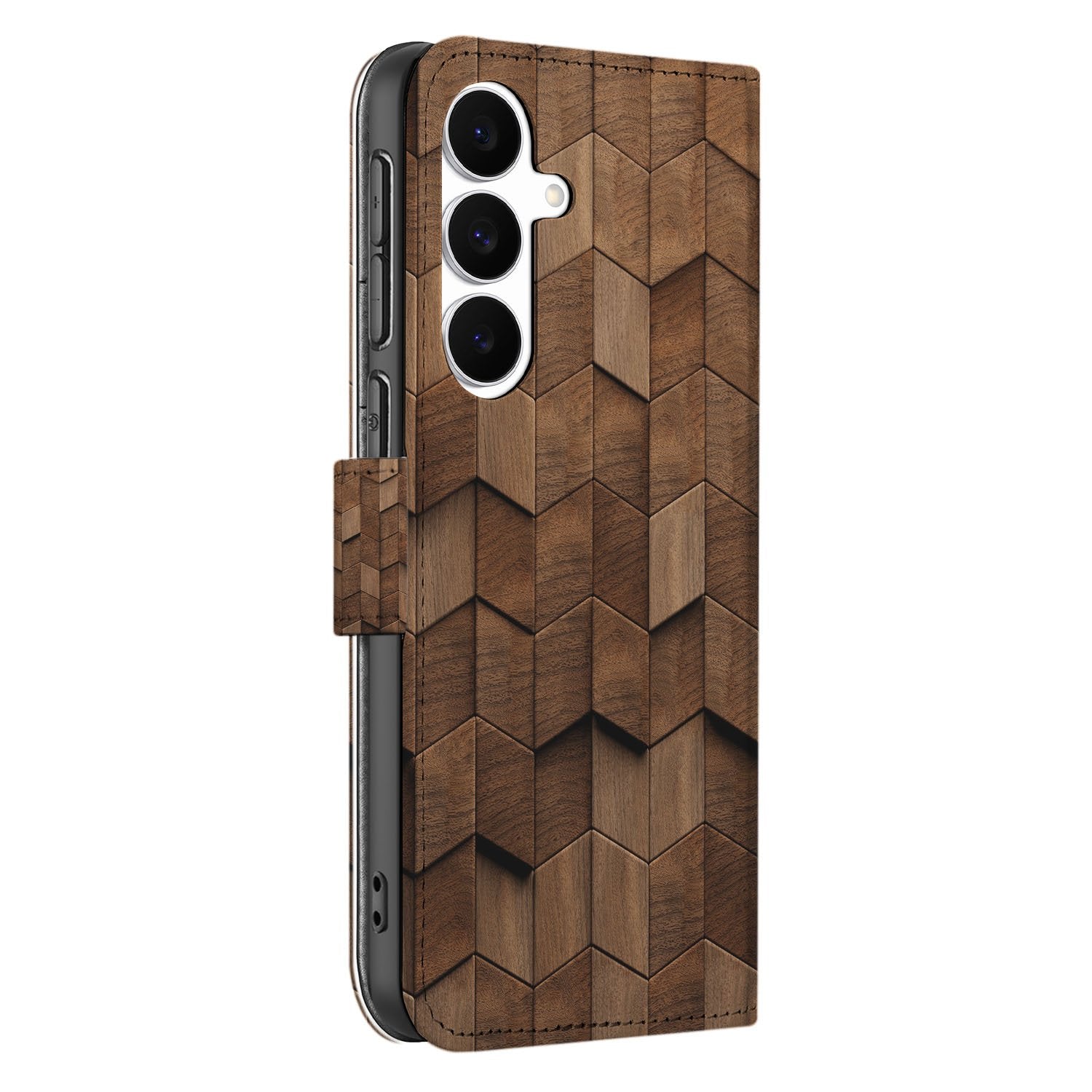Book Style Hoes Voor Samsung Galaxy S25 FE Wooden Cubes Houtprint Bruin