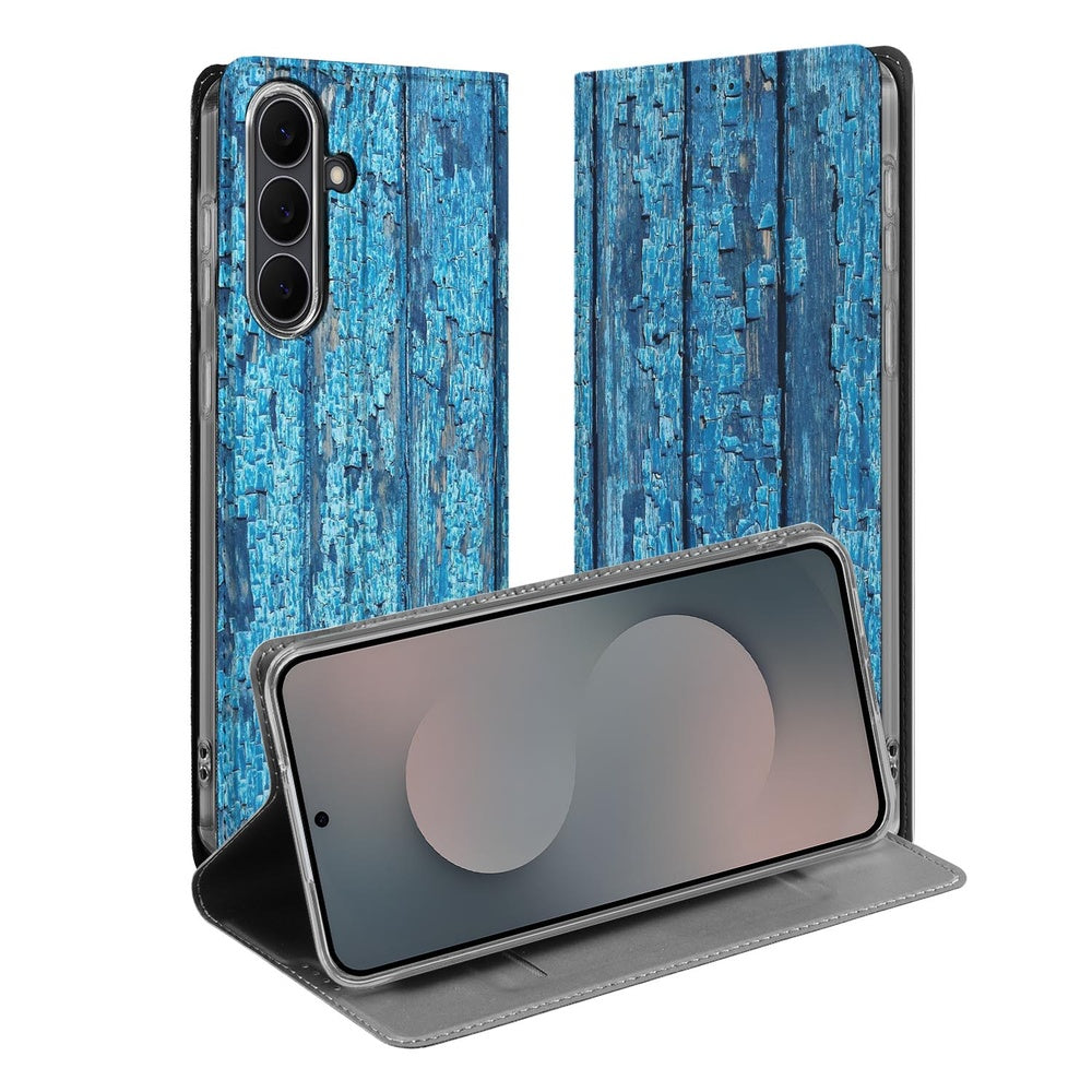 Samsung S25 FE Book Case Wood Blue book case afgebladderd blauw hout standfunctie cardhouder