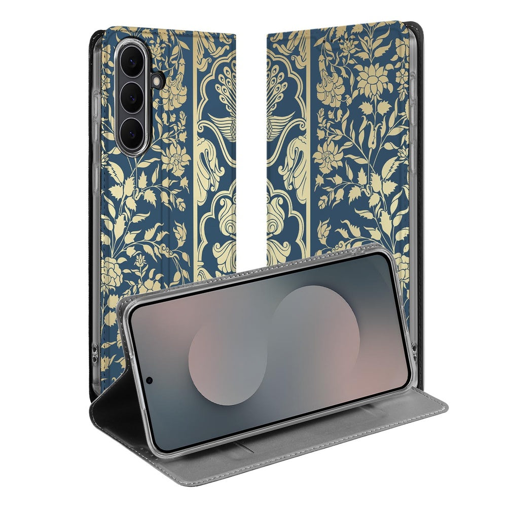 Samsung Galaxy S25 FE Smart Cover Hoesje Beige Flowers bloemenmotief donkerblauw voorkant