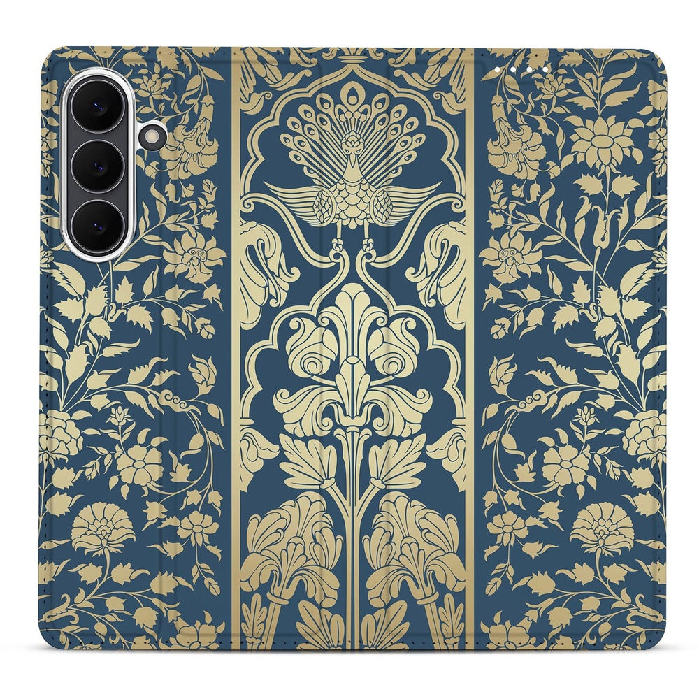 Samsung Galaxy S25 FE Smart Cover Hoesje Beige Flowers design beige bloemen donkerblauw
