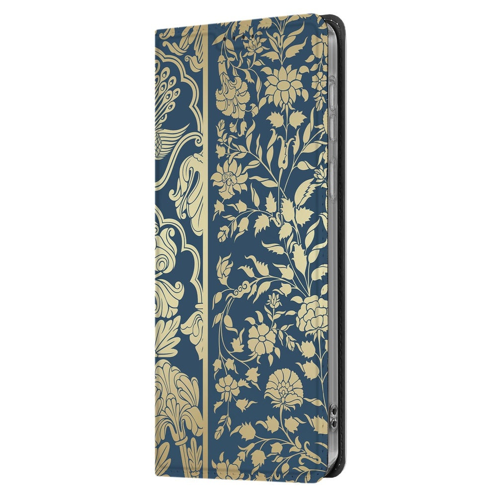 Samsung Galaxy S25 FE Smart Cover Hoesje Beige Flowers bloemenmotief donkerblauw aanzicht