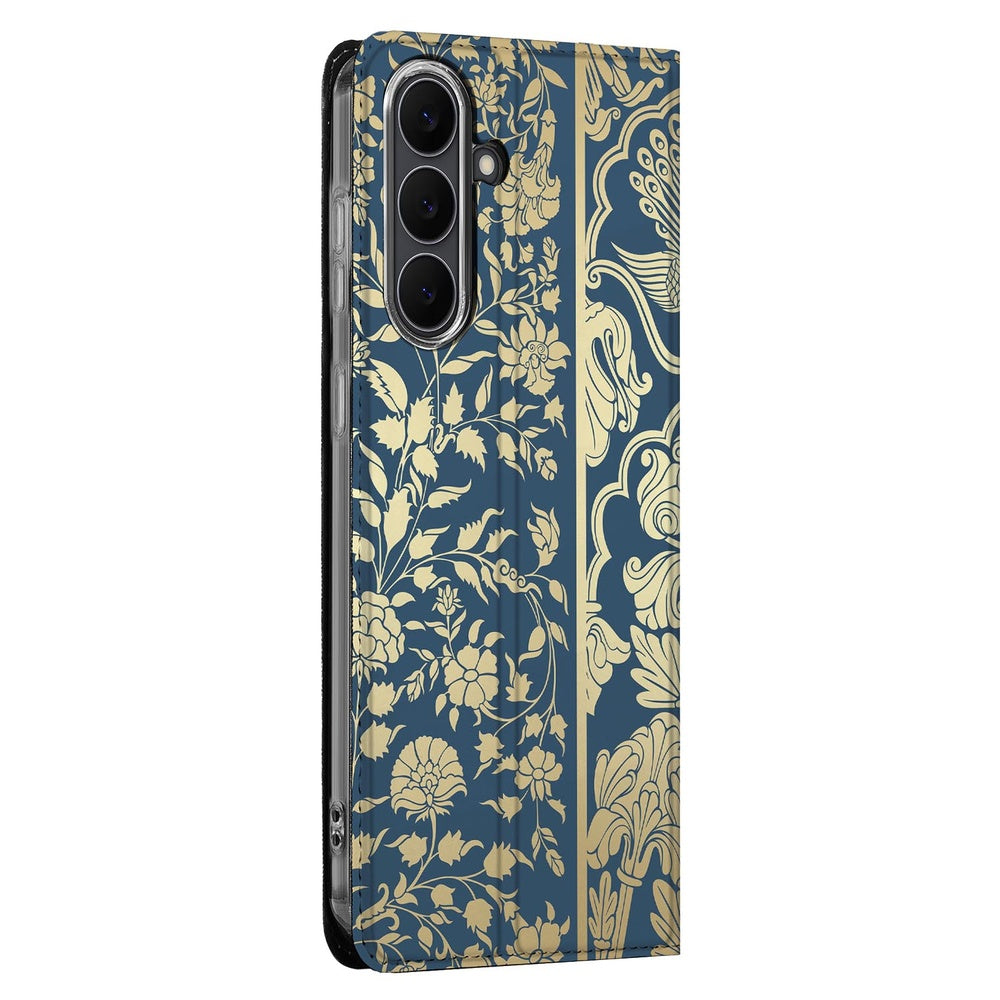 Samsung Galaxy S25 FE Smart Cover Hoesje Beige Flowers bloemenmotief beige donkerblauw aanzicht