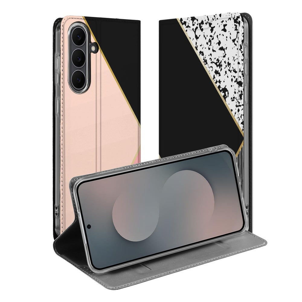 Samsung Galaxy S25FE Book Case Black Pink Shapes book case zwart roze design aanzicht