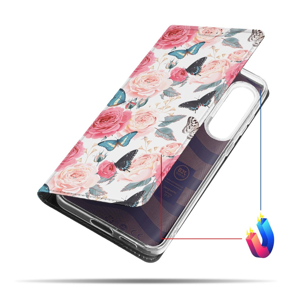 Samsung Galaxy S25FE Flip Style Cover Butterfly Roses Book Case bovenaanzicht