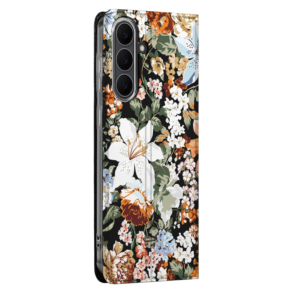 Samsung Galaxy S25 FE Smart Cover Hoesje Dark Flowers bloemen kleuren achterkant