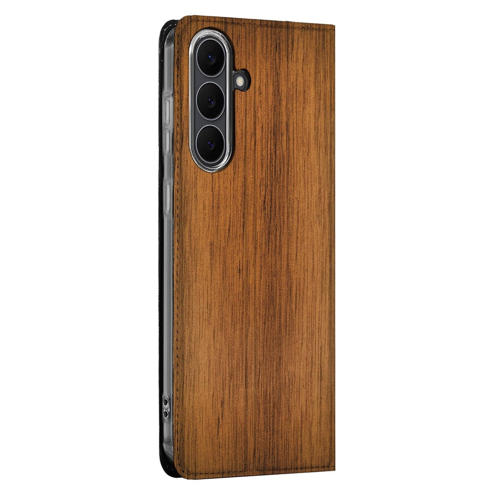 Samsung Galaxy S25 FE Wallet Case Donker Hout houten design zijaanzicht