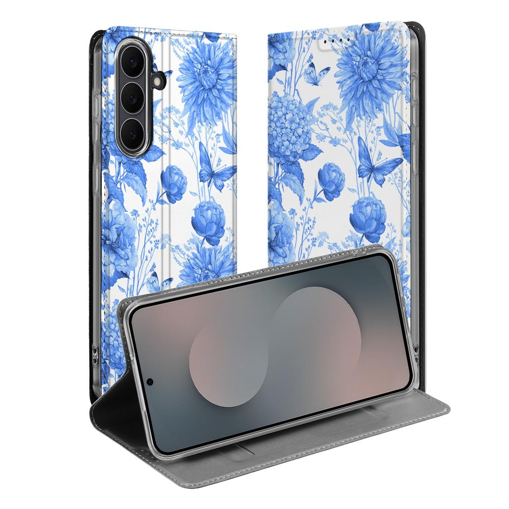 Samsung Galaxy S25 FE Book Case Flowers Blue boek hoes bloemen design voorkant