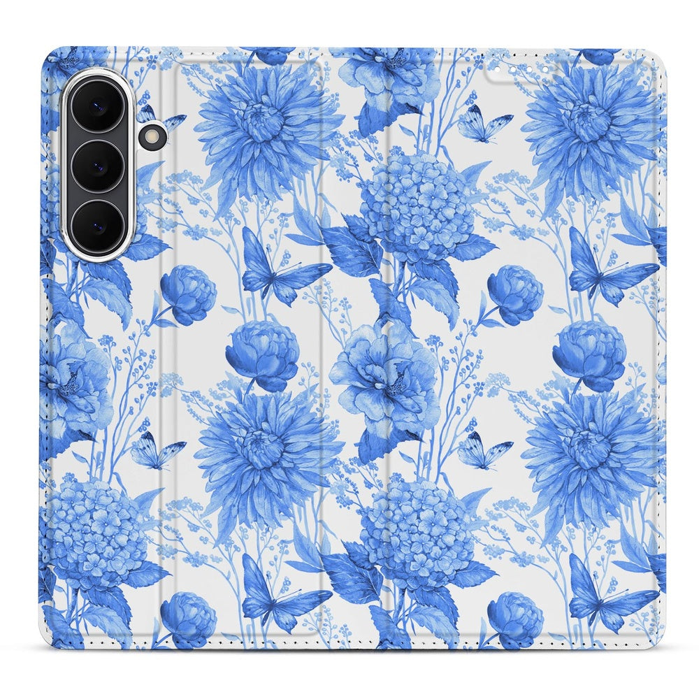 Samsung Galaxy S25 FE Book Case Flowers Blue bloemenmotief achterzijde
