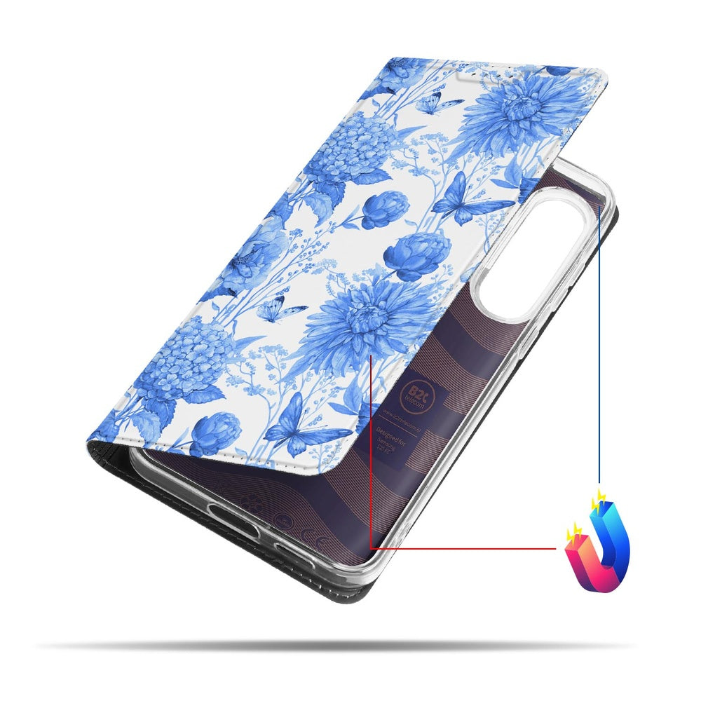 Samsung Galaxy S25 FE Book Case Flowers Blue boekhoes bloemenmotief aanzicht