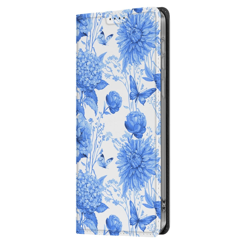 Samsung Galaxy S25 FE Book Case Flowers Blue bloemenmotief zijaanzicht