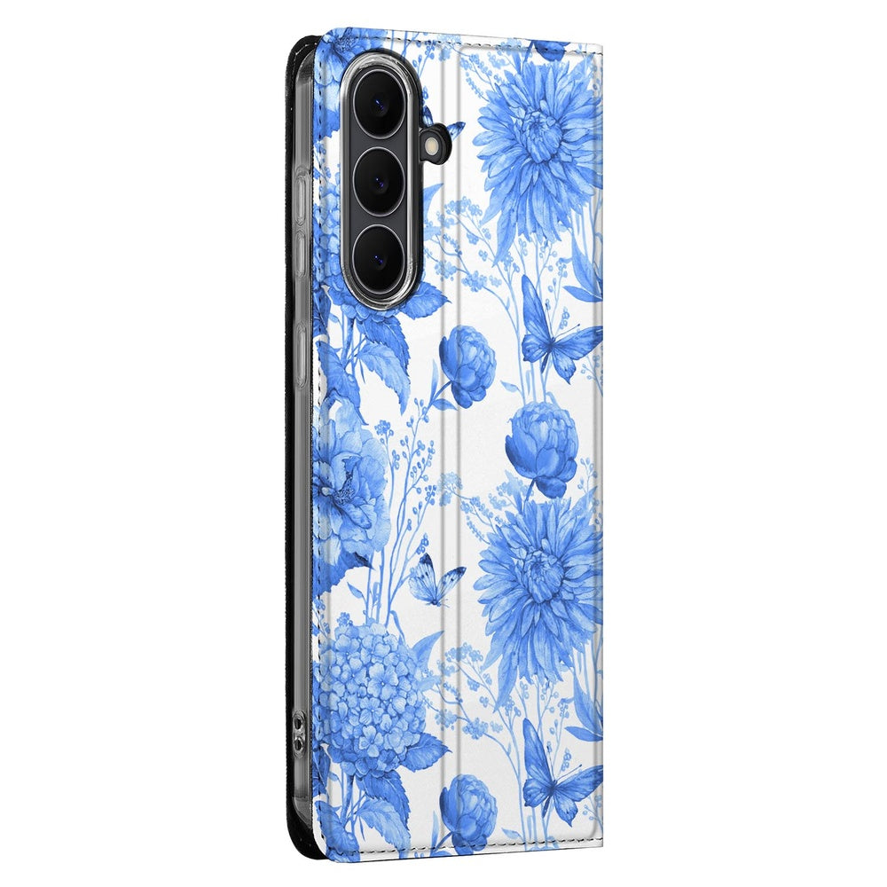 Samsung Galaxy S25 FE Book Case Flowers Blue boekhoes bloemen blauw zijaanzicht