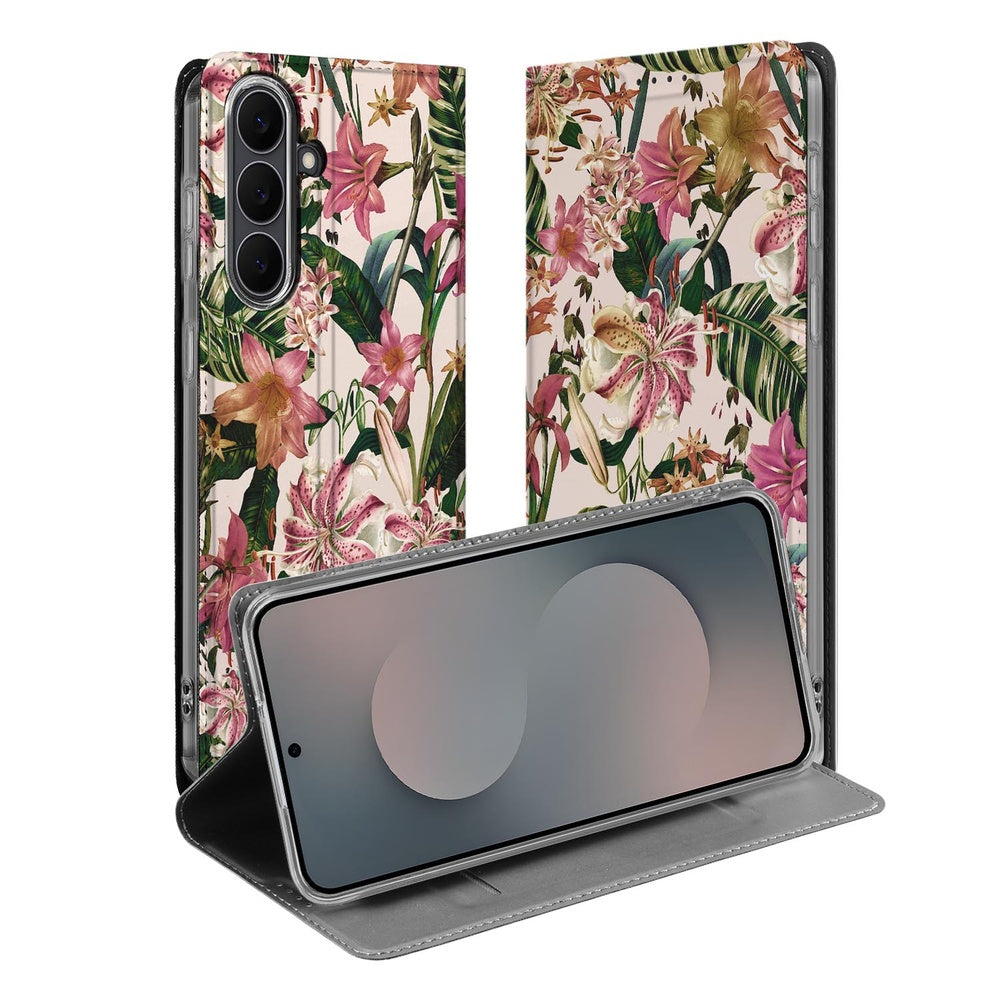 Samsung Galaxy S25FE Book Case Flowers boek hoes bloemen paars wit groen