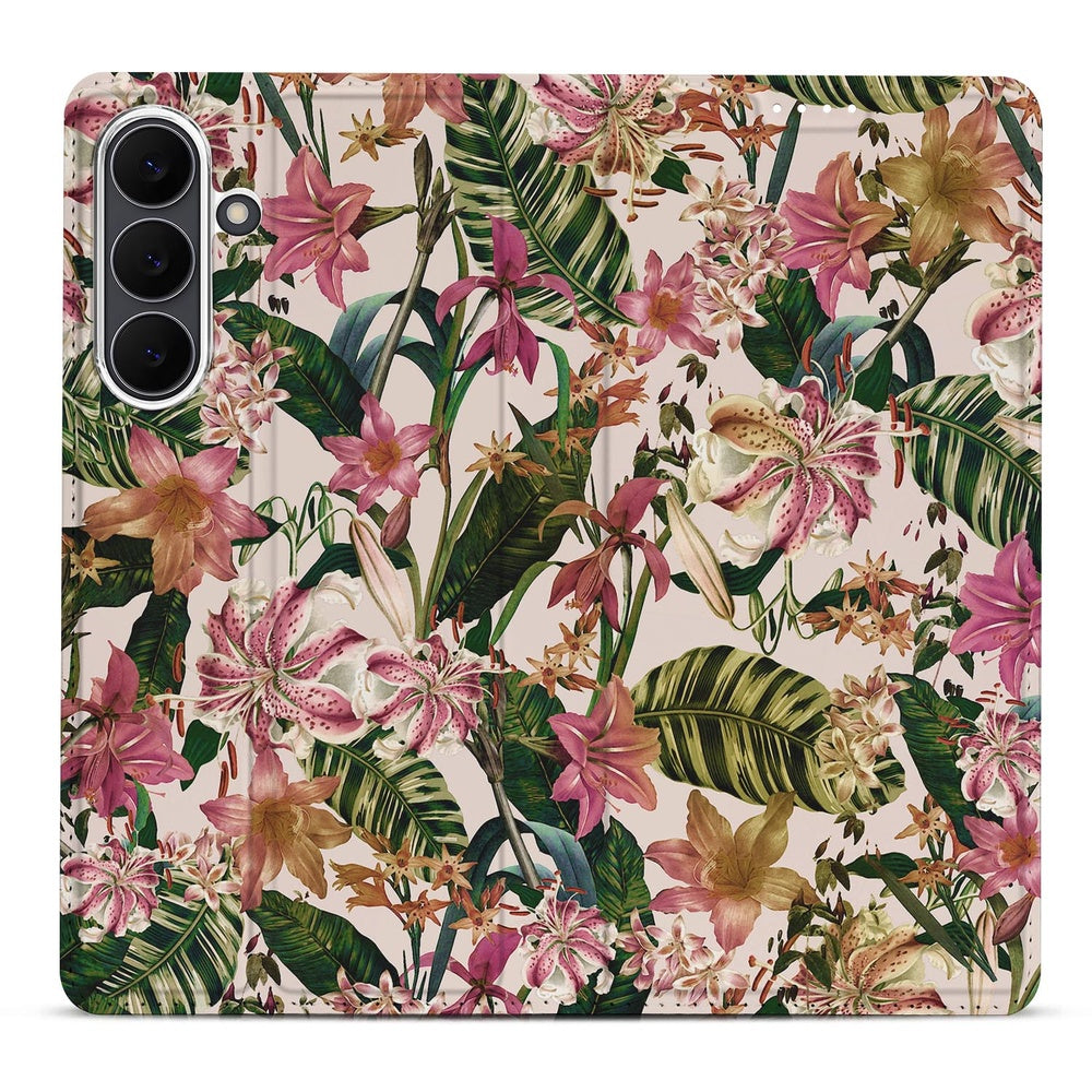 Samsung Galaxy S25FE Book Case Flowers bloemen groen bladeren rug
