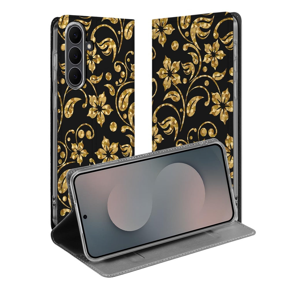 Samsung Galaxy S25 FE Book Wallet Case Gouden Bloemen voorkant zijkant