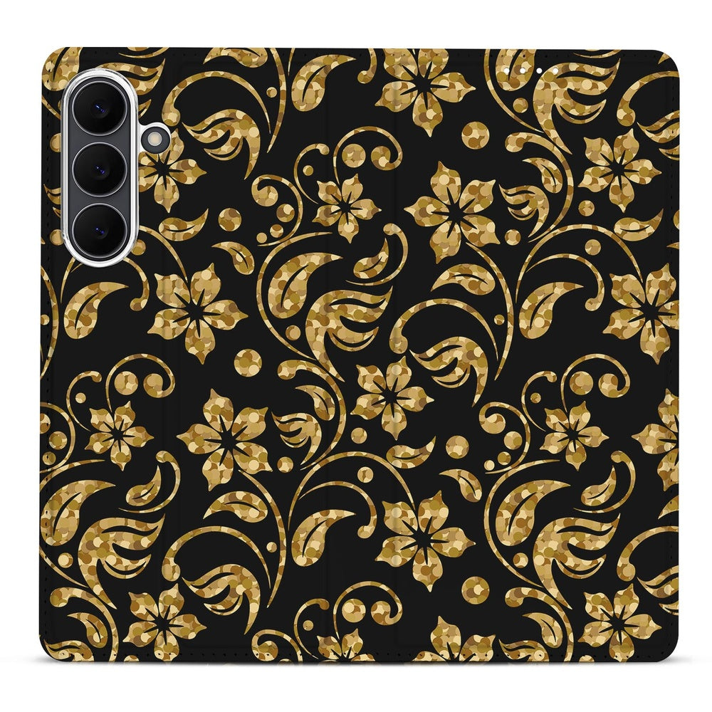 Book Wallet Case Samsung Galaxy S25 FE Gouden Bloemen gouden bloemen zwart design achterkant