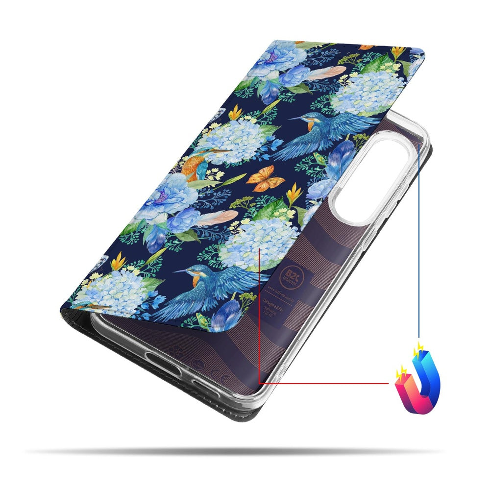 Samsung Galaxy S25FE Flip Style Cover IJsvogel design bloemen aanzicht