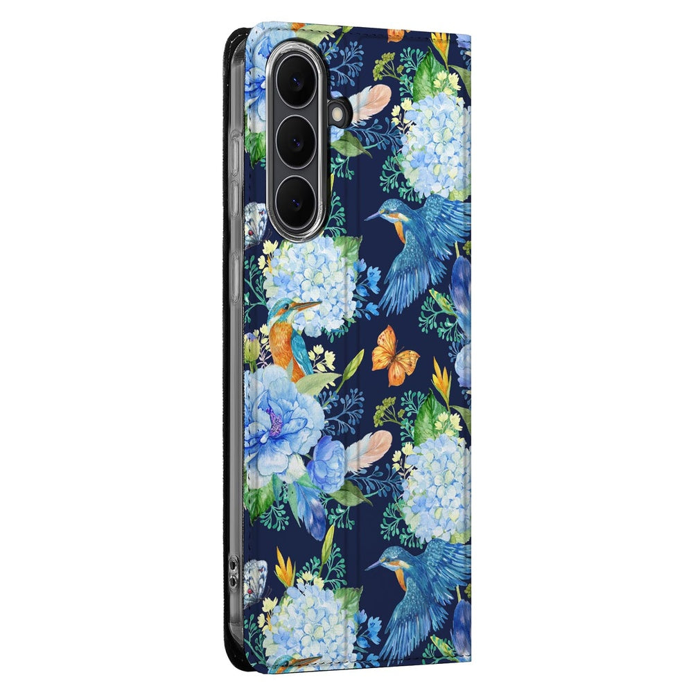 Flip Style Cover Samsung Galaxy S25FE IJsvogel bloemen ijsvogelprint zijkant