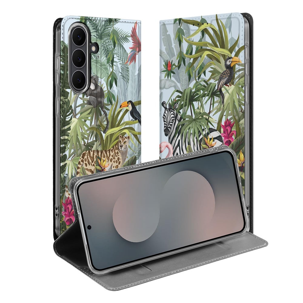 Standcase Hoesje Samsung Galaxy S25 FE Jungle hoesje jungle-print design met telefoon aanzicht