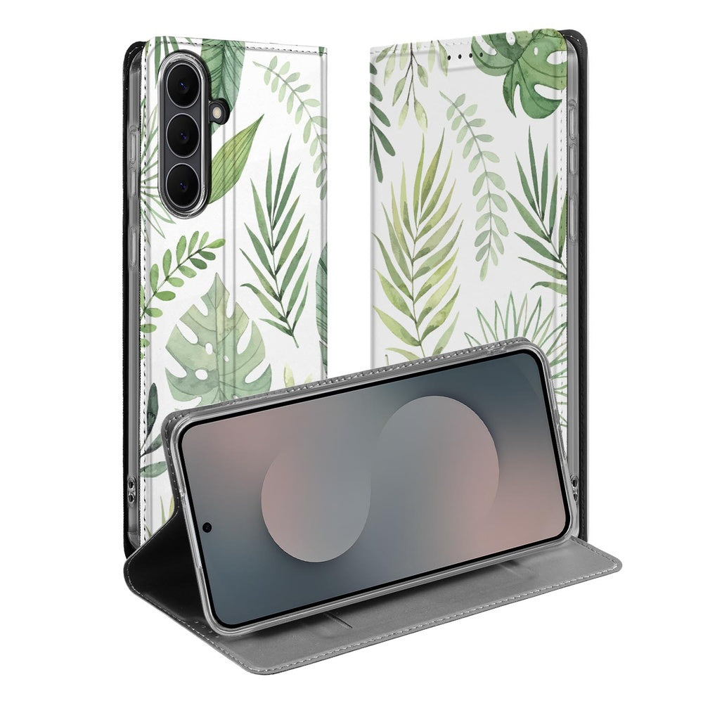 Samsung Galaxy S25 FE Leaves telefoonhoesje Book Case groene bladeren ontwerp voorzijde zijde