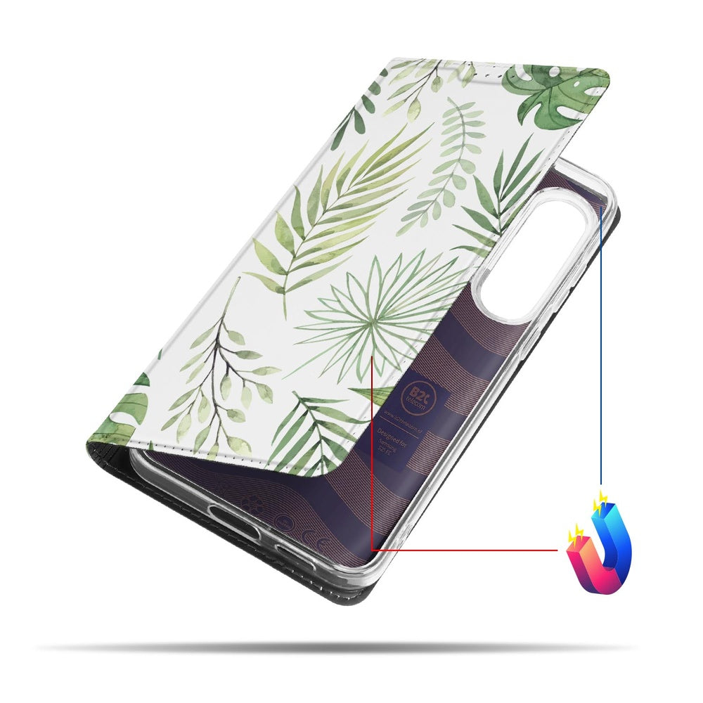 Samsung Galaxy S25 FE Leaves telefoonhoesje boek case bladeren design voorkant
