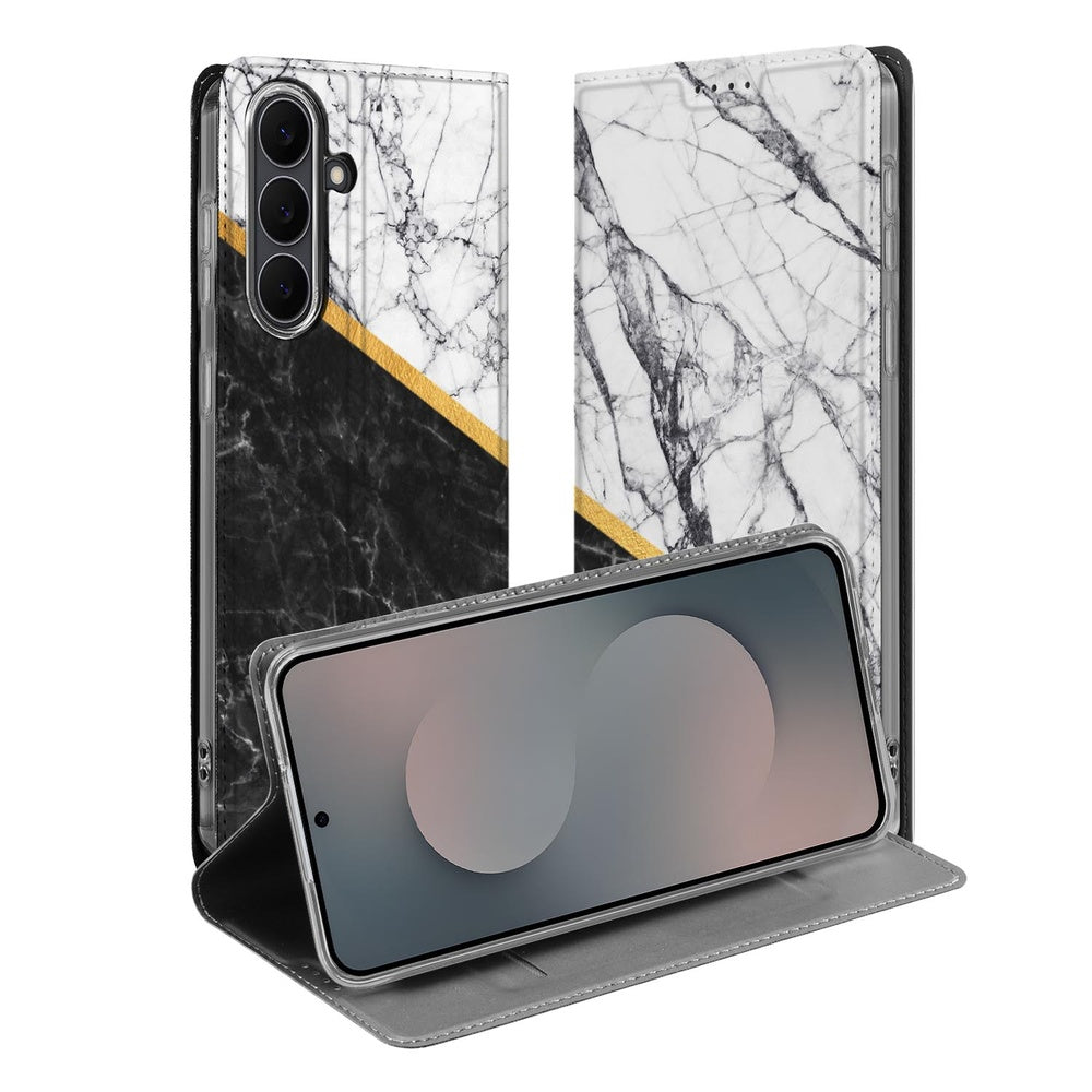 Samsung Galaxy S25 FE Stand Case Hoesje Marble White Black voorkant en achterkant