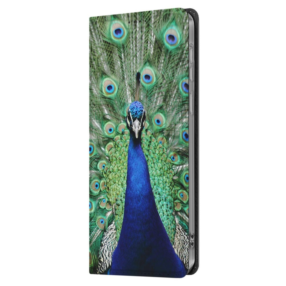 Samsung Galaxy S25FE Book Case Pauw voorkant levendige pauwenprint