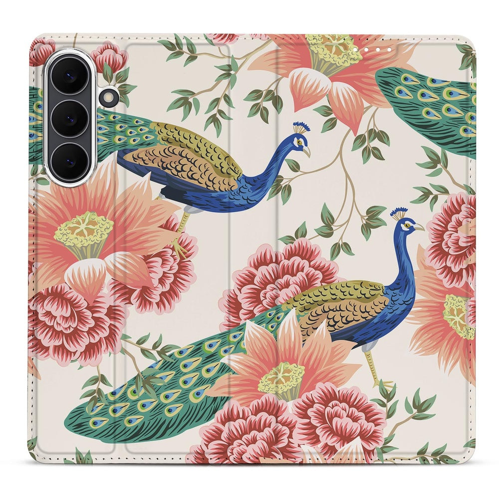 Bookcase Samsung Galaxy S25 FE Pink Peacock pauwenprint bloemen voorkant