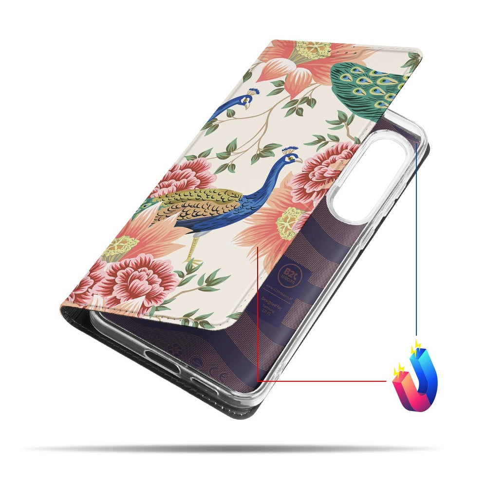 Bookcase Samsung Galaxy S25 FE Pink Peacock hoesje pauwenprint zijaanzicht