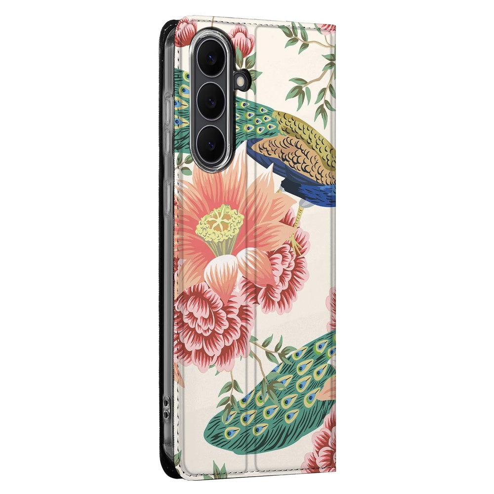 Bookcase Samsung Galaxy S25 FE Pink Peacock design pauwenprint aanzicht