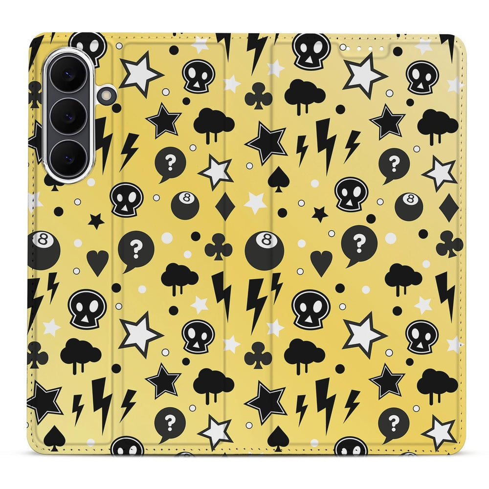 Samsung Galaxy S25 FE Book Cover Punk Yellow achterzijde met ontwerp van symbolen en patronen