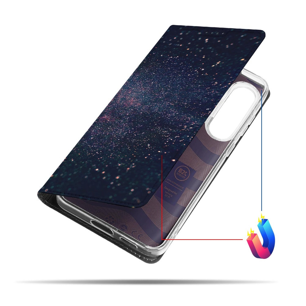 Flip Style Cover Samsung Galaxy S25 FE Stars design glitter paars blauw aanzicht