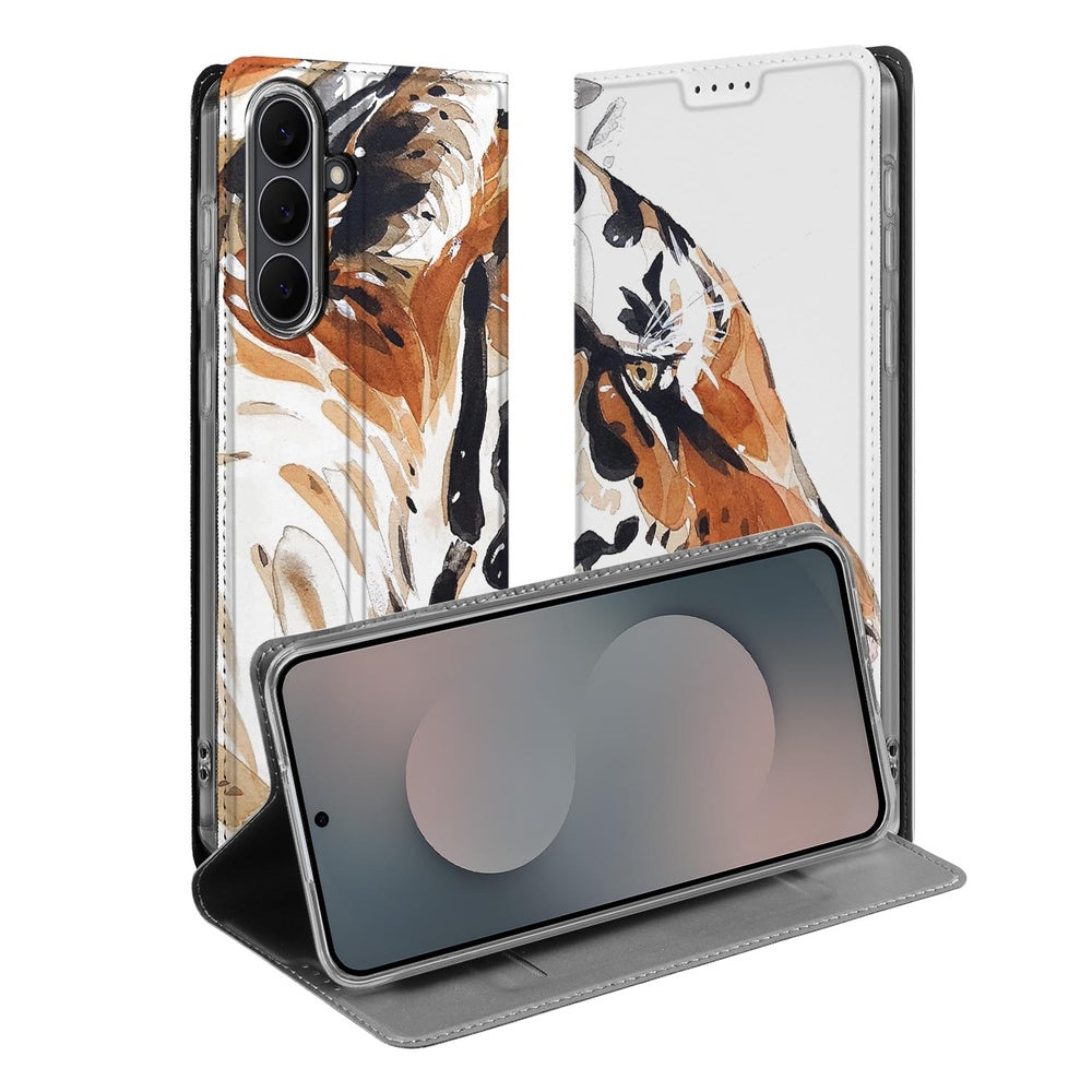 Samsung Galaxy S25FE Tiger Smart Cover Hoesje levendige waterverf tijgerprint vooraanzicht