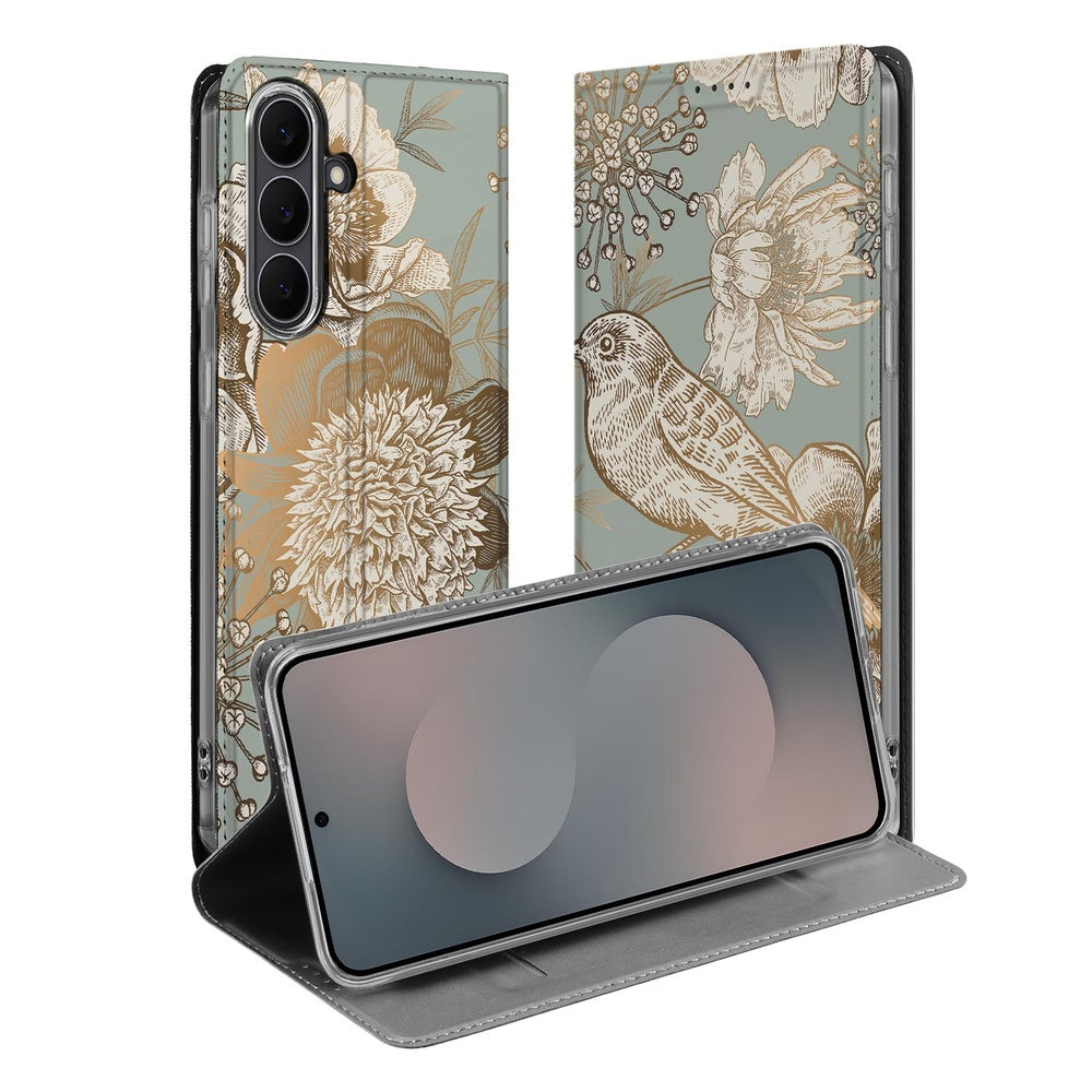 Samsung Galaxy S25 FE Flip Style Cover Vintage Bird Flowers hoesje voorkant binnenkant