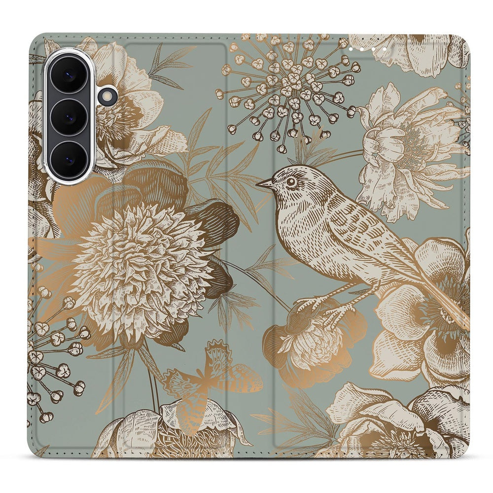 Samsung Galaxy S25 FE Flip Style Cover Vintage Bird Flowers design voorkant