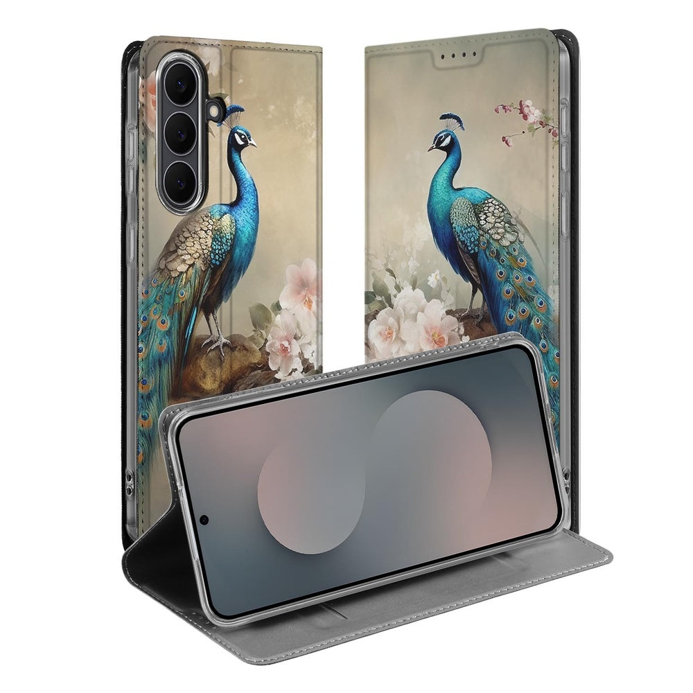 Samsung Galaxy S25 FE Standcase Hoesje Vintage Pauwen voorkant en achterkant wit en blauw pauw print