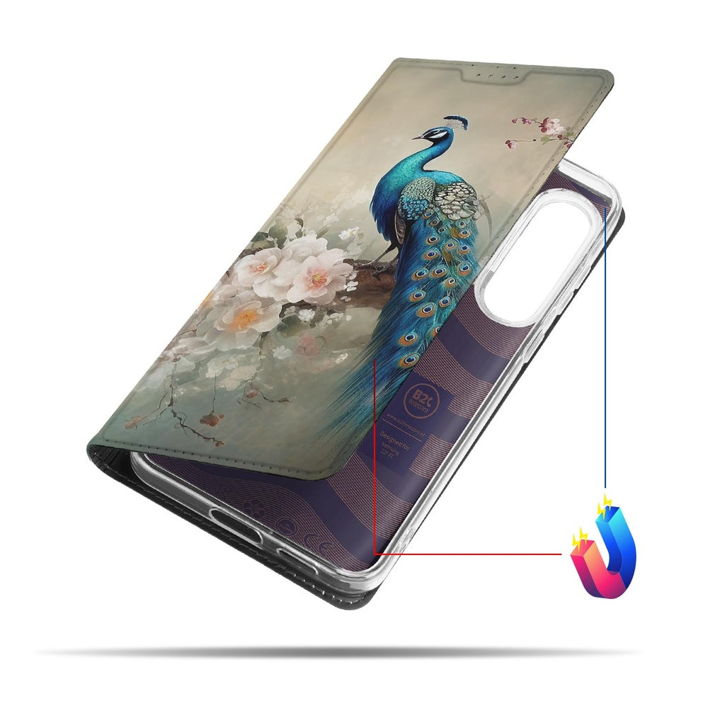 Samsung Galaxy S25 FE Standcase Hoesje Vintage Pauwen peacock print design zijkant