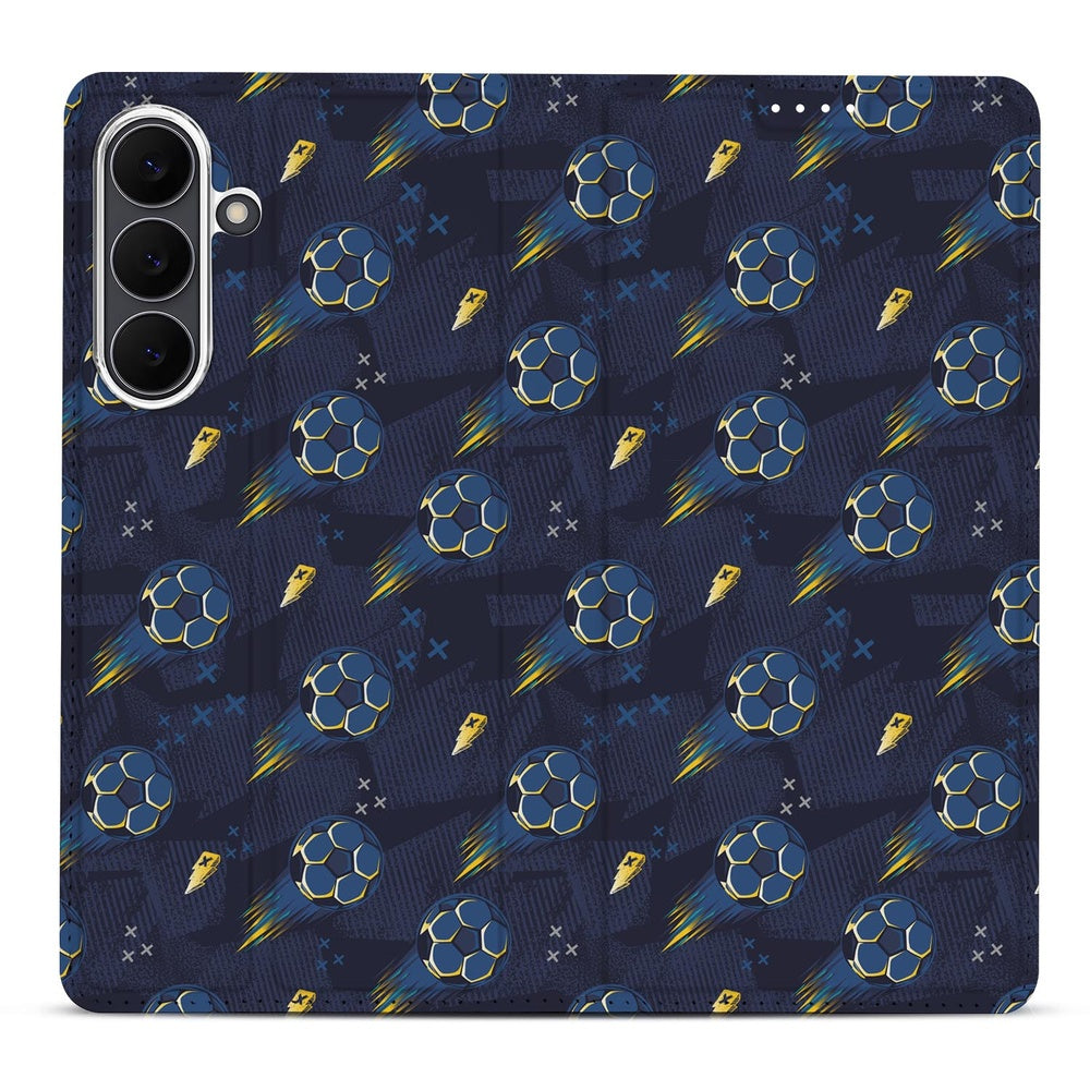 Samsung Galaxy S25 FE Standcase Hoesje Voetbal patroon voetballen donkerblauw