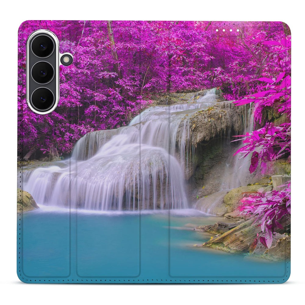 Samsung Galaxy S25 FE Telefoonhoesje met magneet Waterval waterval ontwerp paarse achtergrond aanzicht
