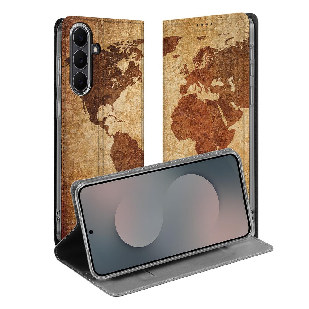 Samsung Galaxy S25 FE Book Case Wereldkaart wereldkaart design voorkant achterkant