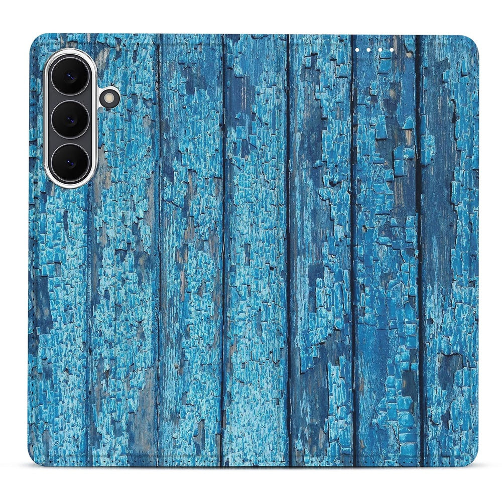 Samsung S25 FE Book Case Wood Blue achterkant afgebladderd blauw hout