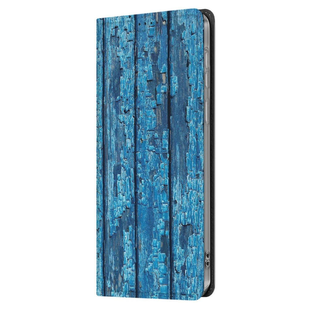 Samsung S25 FE Book Case Wood Blue book case afgebladderd blauw hout aanzicht
