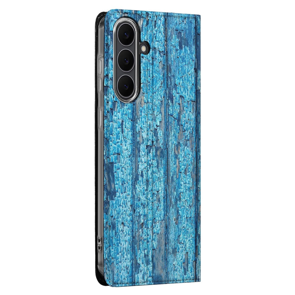Samsung S25 FE Book Case Wood Blue bookcase afgebladderd blauw hout zijkant