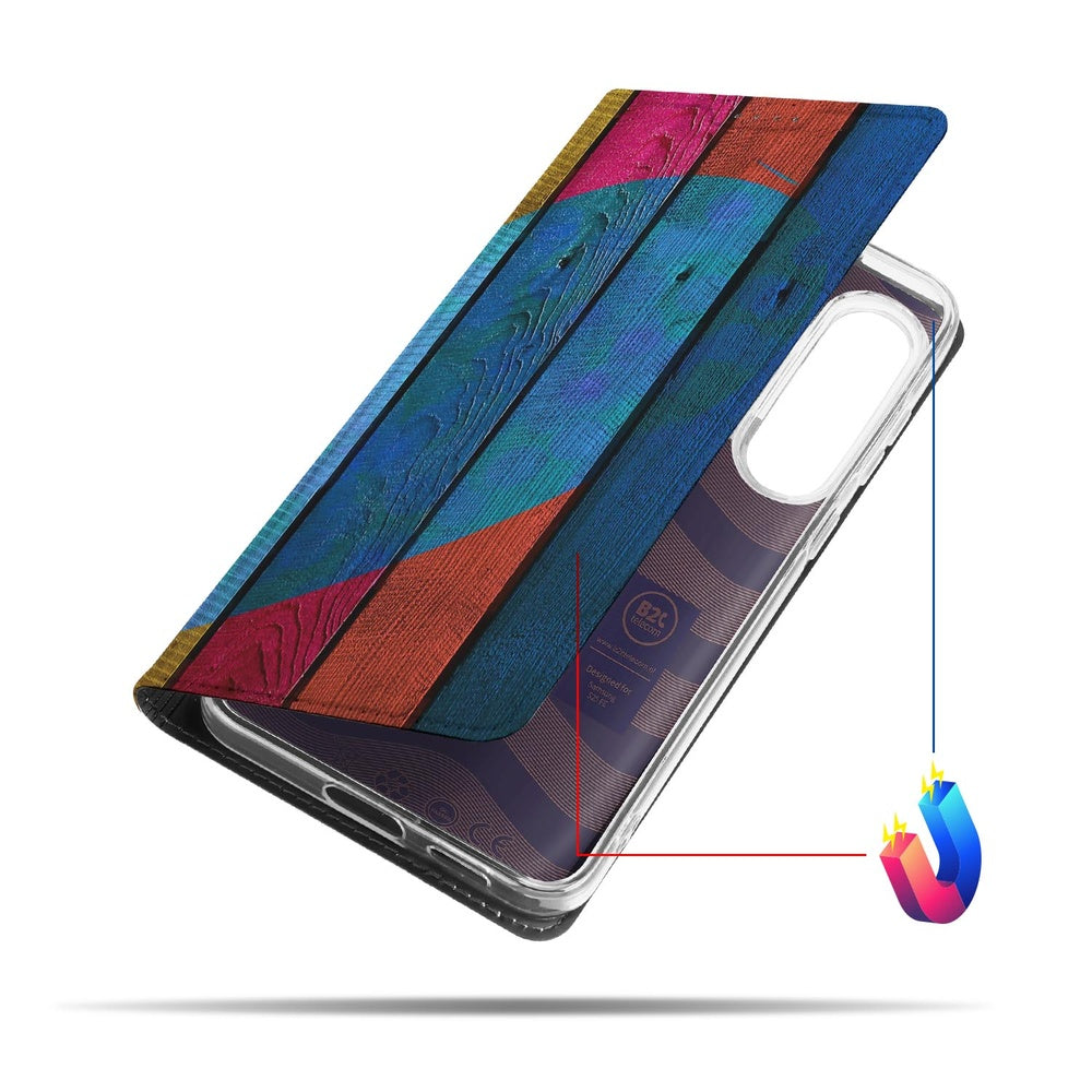 Samsung Galaxy S25 FE Book Cover Wood Heart bookcover design kleurrijke print aanzicht