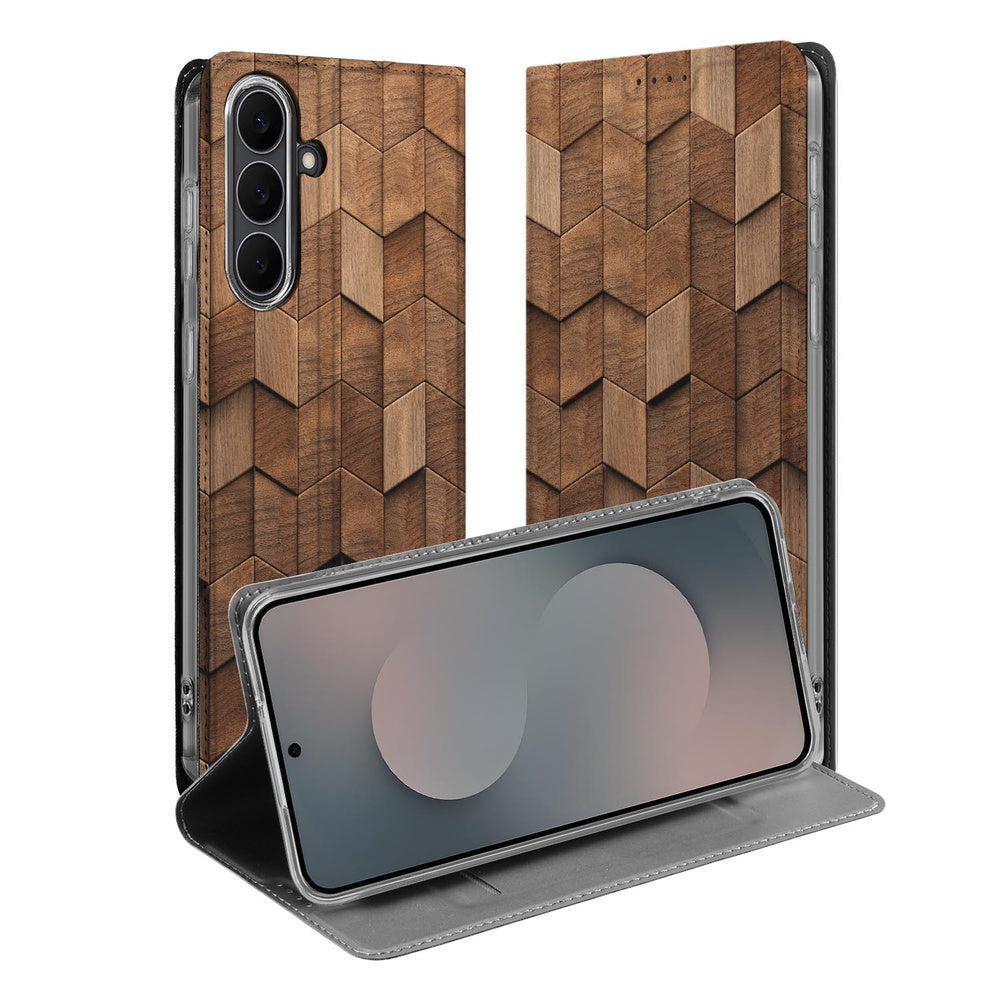 Samsung Galaxy S25 FE Bookcase Wooden Cubes beschermhoes houten kubussen voorzijde