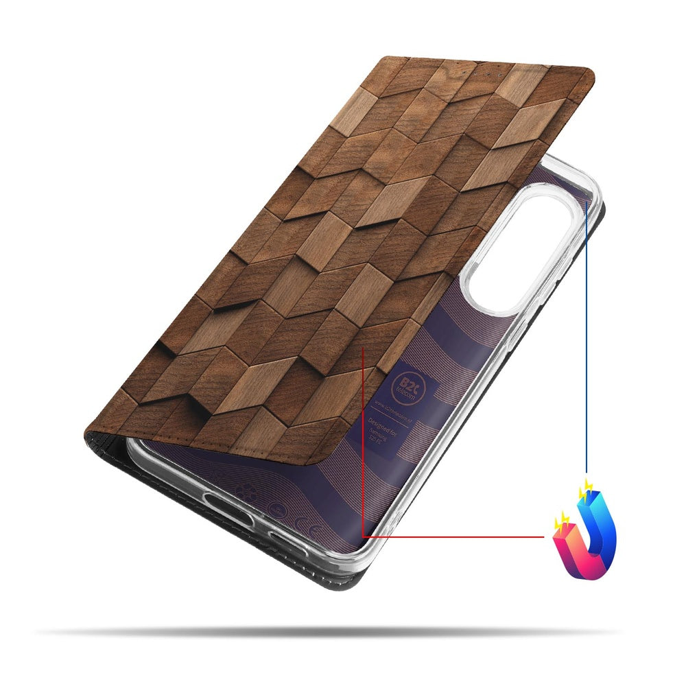Samsung Galaxy S25 FE Bookcase Wooden Cubes hoes houten kubusprint aanzicht