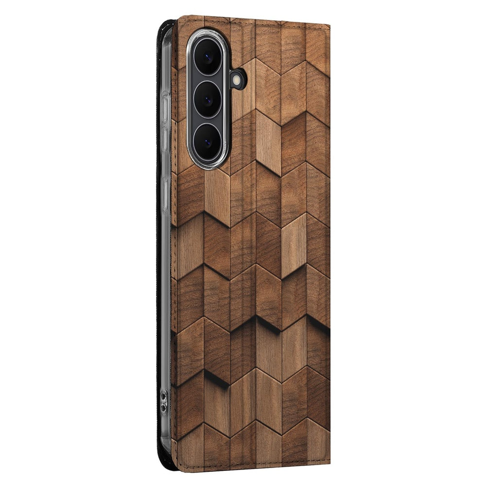 Samsung Galaxy S25 FE Bookcase Wooden Cubes bookcase houten kubussen zijaanzicht
