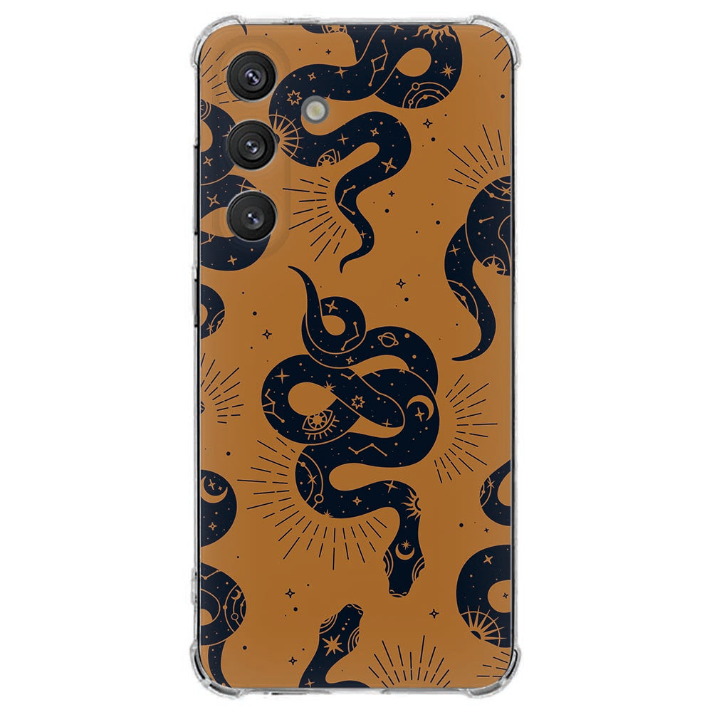 Samsung Galaxy S25 FE Flexibele back cover - Snakes TPU Antishock Aanzicht van slangenpatroon op een lichtbruine achtergrond.