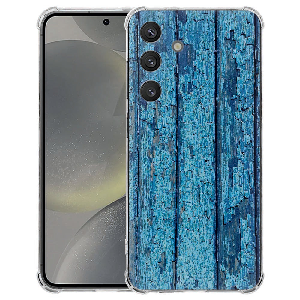 Samsung Galaxy S25 FE Hoesje - Wood Blue TPU Antishock Vooraanzicht en Achteraanzicht met verweerd hout in blauw.