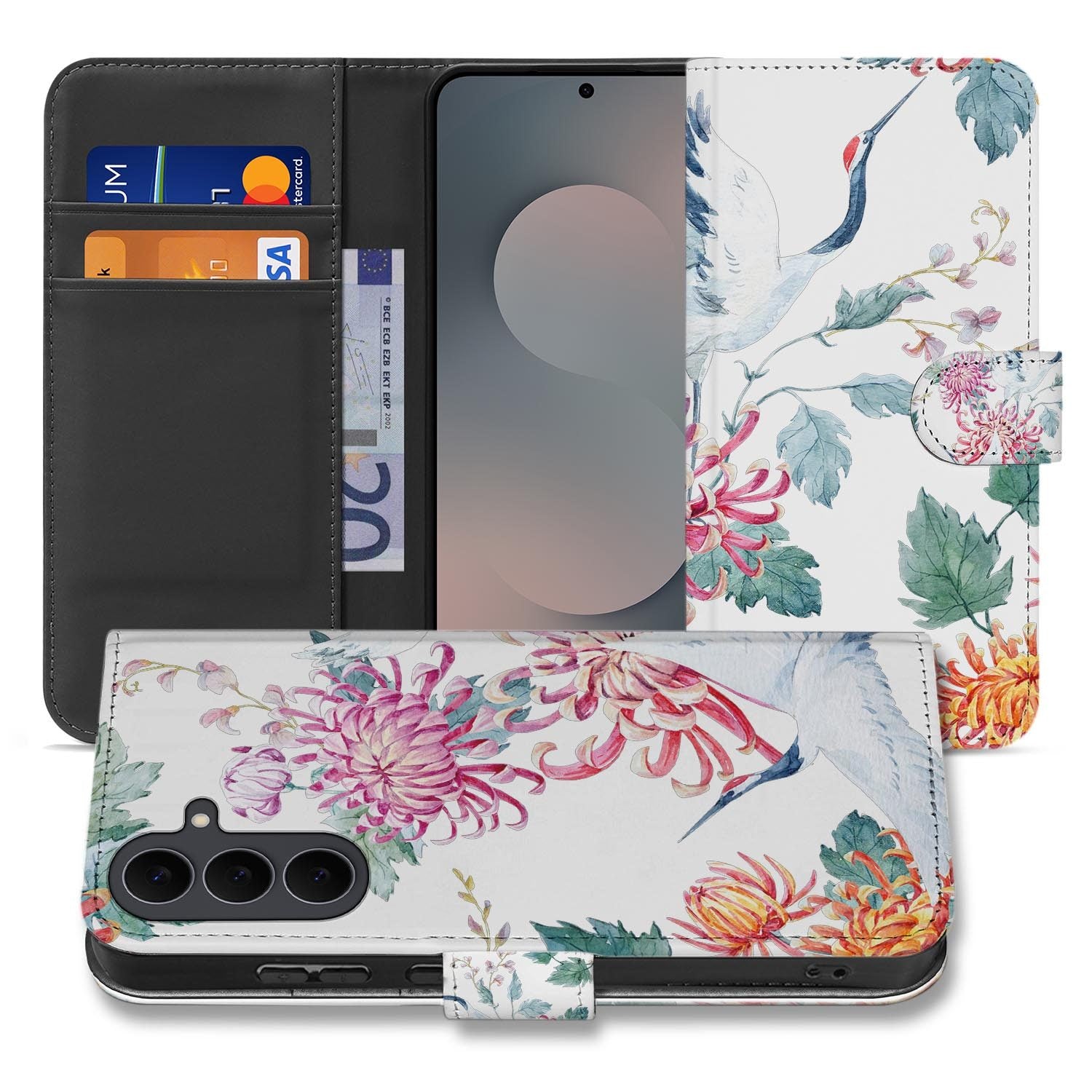 Bookcase hoesje Samsung Galaxy S26 FE met Bird Flowers design in wit en groen