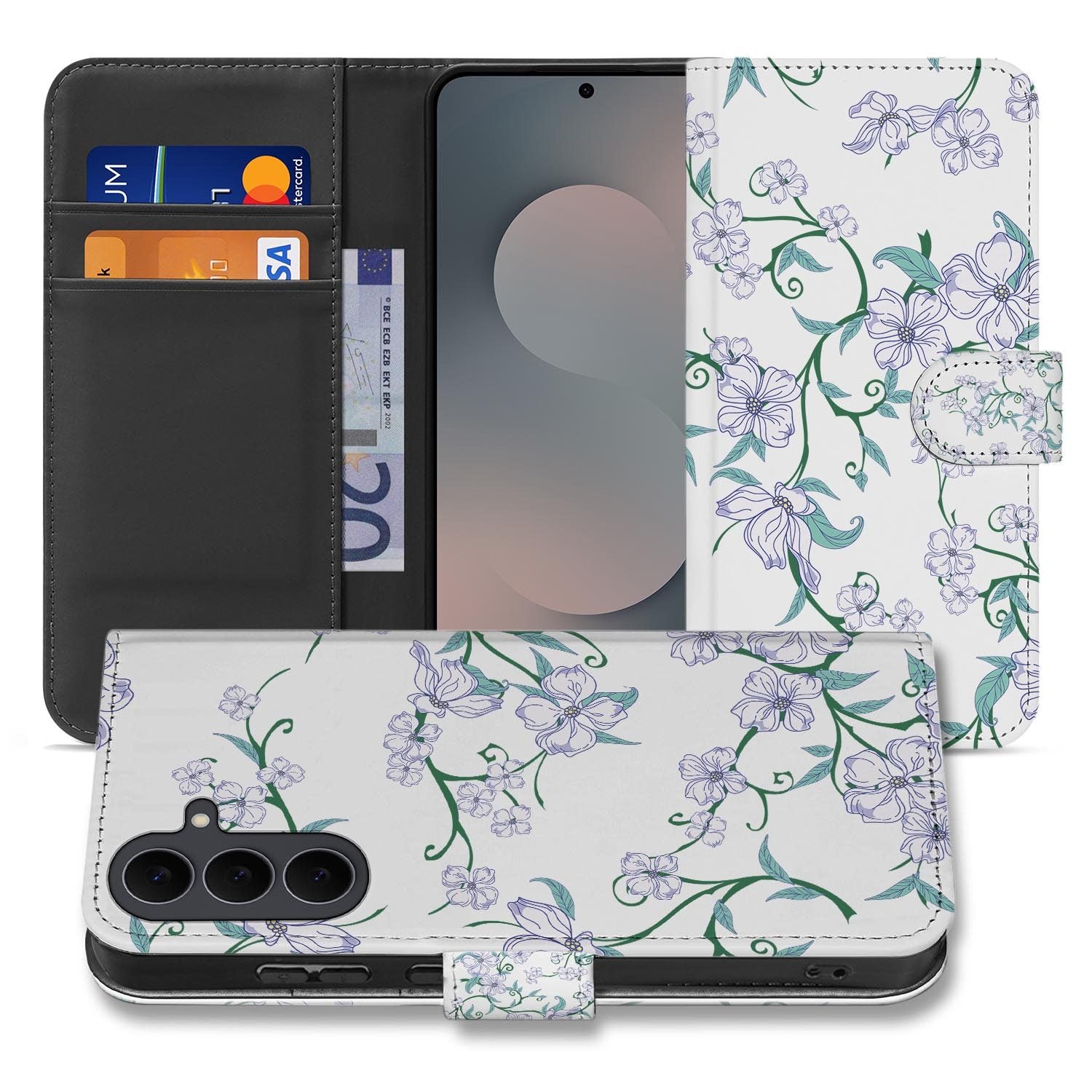 Samsung Galaxy S26 FE bookcase hoesje met Blossom White bloesemdesign op wit kunstleer